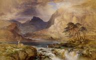 Eine malerische Landschaft mit Bergen, einem Fluss und einem Reh im Vordergrund. Dramatische Wolkenformationen und sanfte Lichtstrahlen prägen die Szene.